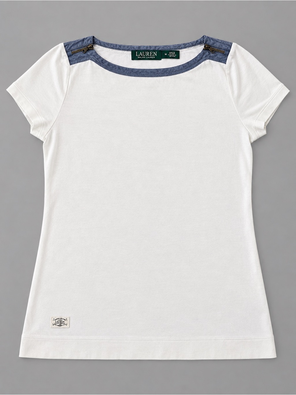 Lauren Ralph Lauren White Blue Trim Shoulder Zip Top Tee Size M